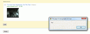The XSS vulnerability in Google Baraza. Clicking on the image or the link resulted in JavaScript being executed.